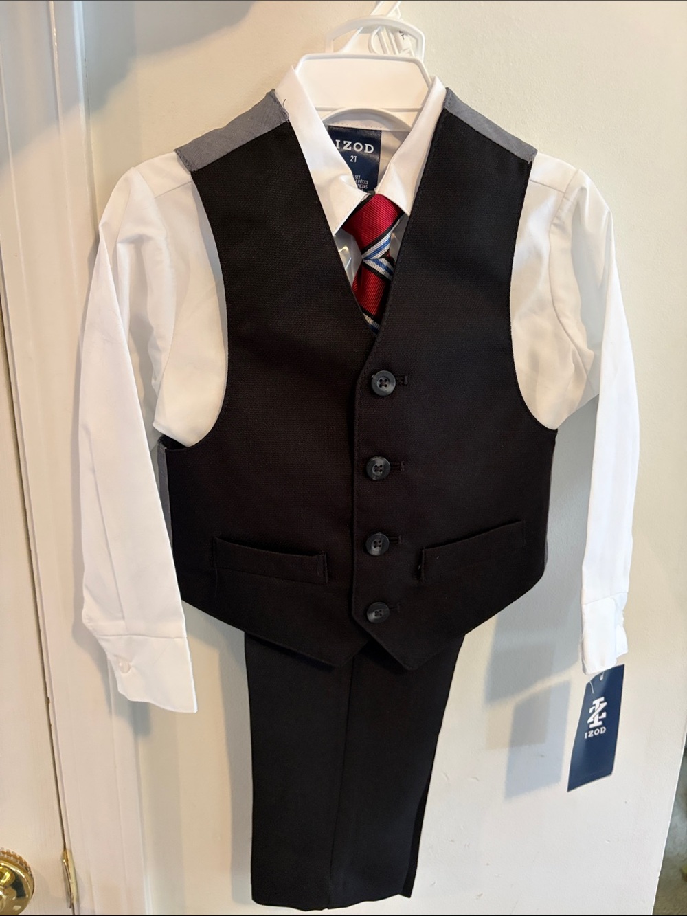 Izod Black Vest and Pants Set with White Shirt and Red Stripe Tie